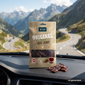 KJØ Tasty Beef Jerky on the dashboard of a car at a mountain pass viewpoint, AI-generated image