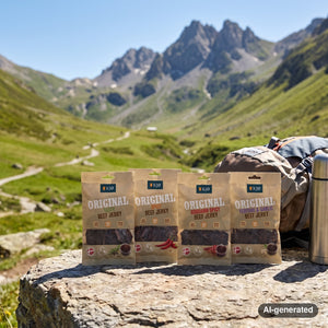 KJØ Mixed Pack on a rock beside a mountain trail in the Alps, with a backpack and thermos, AI-generated image