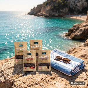 KJØ Mixed Pack on a rock by a Mediterranean cove, with a towel and sunglasses, AI-generated image