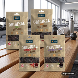 KJØ Mixed Pack on a gym bench, with dumbbells, a towel and a water bottle in the background, AI-generated image