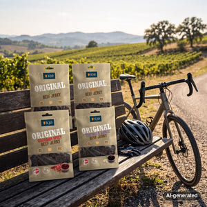 KJØ Mixed Pack on a bench by a gravel road through vineyards, with a bike and a cycling helmet, AI-generated image