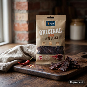 KJØ Spicy Beef Jerky on a dark wooden cutting board on a kitchen counter in soft window light, AI-generated image