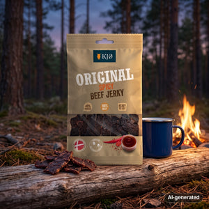 KJØ Spicy Beef Jerky on a log by a campfire in a pine forest at dusk, with an enamel mug, AI-generated image