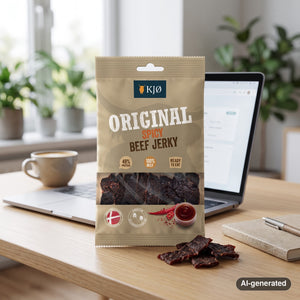 KJØ Spicy Beef Jerky on a desk next to a laptop, a cup of coffee and a notebook, AI-generated image