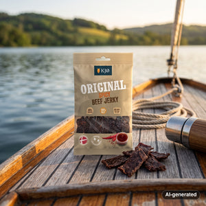 KJØ Spicy Beef Jerky on the deck of a small sailboat on a lake in the evening sun, with a rope and thermos, AI-generated image