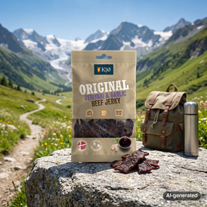 KJØ Teriyaki & Garlic Beef Jerky on a rock beside a mountain trail in the Alps, with a backpack and thermos, AI-generated image