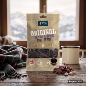 KJØ Teriyaki & Garlic Beef Jerky on a wooden table in a mountain chalet, with a wool blanket, an enamel mug and snowy mountains outside, AI-generated image