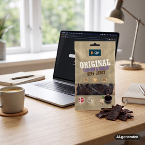 KJØ Teriyaki & Garlic Beef Jerky on a desk next to a laptop, a cup of coffee and a notebook, AI-generated image