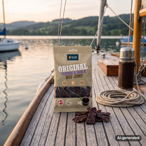 KJØ Teriyaki & Garlic Beef Jerky on the deck of a small sailboat on a lake in the evening sun, with a rope and thermos, AI-generated image