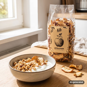 KoRo Apple Chips Elstar on a breakfast table next to a bowl of yogurt and granola, AI-generated image