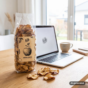 KoRo Apple Chips Elstar on a desk next to a laptop, a cup of coffee and a notebook, AI-generated image