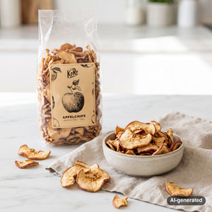 KoRo Apple Chips Elstar on a light marble kitchen counter with a small bowl of the fruit, AI-generated image