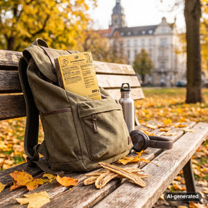 KoRo Banana Stripes sticking out of a backpack on a park bench in autumn, with a water bottle and headphones, AI-generated image