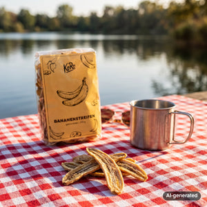 KoRo Banana Stripes on a checked picnic blanket by a lake on a summer day, with a steel cup and sunglasses, AI-generated image