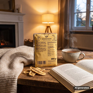 KoRo Banana Stripes on a coffee table in the evening, with a knitted blanket, a cup of tea and a book, AI-generated image
