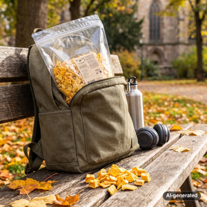 KoRo Freeze-Dried Mango Chunks sticking out of a backpack on a park bench in autumn, with a water bottle and headphones, AI-generated image