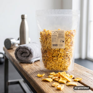 KoRo Freeze-Dried Mango Chunks on a gym bench, with dumbbells, a towel and a water bottle in the background, AI-generated image