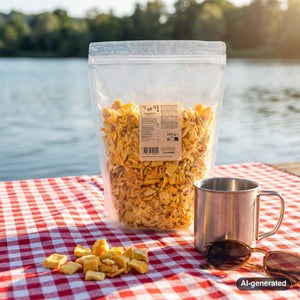 KoRo Freeze-Dried Mango Chunks on a checked picnic blanket by a lake on a summer day, with a steel cup and sunglasses, AI-generated image