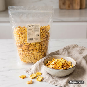 KoRo Freeze-Dried Mango Chunks on a light marble kitchen counter with a small bowl of the fruit, AI-generated image