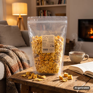 KoRo Freeze-Dried Mango Chunks on a coffee table in the evening, with a knitted blanket, a cup of tea and a book, AI-generated image