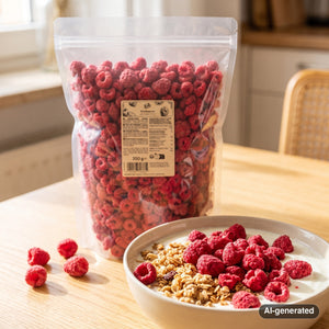 KoRo Freeze-Dried Raspberries on a breakfast table next to a bowl of yogurt and granola, AI-generated image