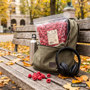 KoRo Freeze-Dried Raspberries sticking out of a backpack on a park bench in autumn, with a water bottle and headphones, AI-generated image