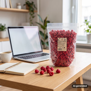 KoRo Freeze-Dried Raspberries on a desk next to a laptop, a cup of coffee and a notebook, AI-generated image