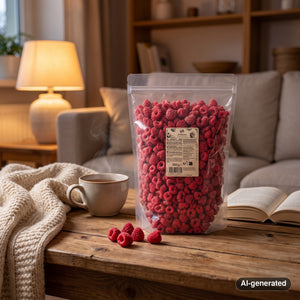 KoRo Freeze-Dried Raspberries on a coffee table in the evening, with a knitted blanket, a cup of tea and a book, AI-generated image