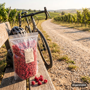 KoRo Freeze-Dried Raspberries on a bench by a gravel road through vineyards, with a bike and a cycling helmet, AI-generated image