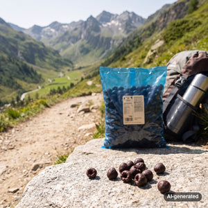 KoRo Freeze-Dried Raspberries in Dark Chocolate on a rock beside a mountain trail in the Alps, with a backpack and thermos, AI-generated image