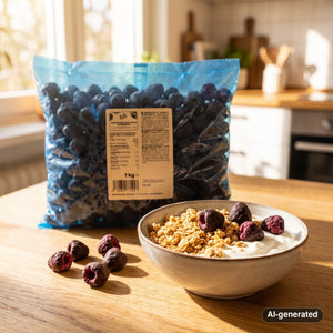 KoRo Freeze-Dried Raspberries in Dark Chocolate on a breakfast table next to a bowl of yogurt and granola, AI-generated image