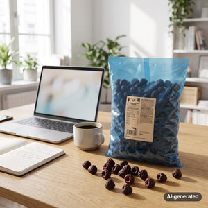 KoRo Freeze-Dried Raspberries in Dark Chocolate on a desk next to a laptop, a cup of coffee and a notebook, AI-generated image