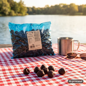 KoRo Freeze-Dried Raspberries in Dark Chocolate on a checked picnic blanket by a lake on a summer day, with a steel cup and sunglasses, AI-generated image