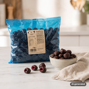 KoRo Freeze-Dried Raspberries in Dark Chocolate on a light marble kitchen counter with a small bowl of the fruit, AI-generated image
