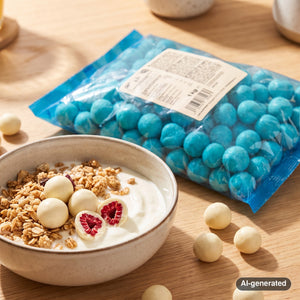 KoRo Freeze-Dried Raspberries in White Chocolate on a breakfast table next to a bowl of yogurt and granola, AI-generated image