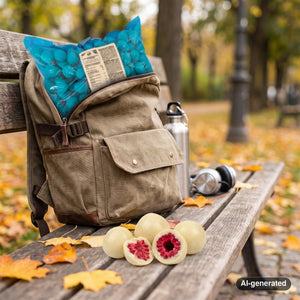 KoRo Freeze-Dried Raspberries in White Chocolate sticking out of a backpack on a park bench in autumn, with a water bottle and headphones, AI-generated image