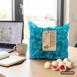 KoRo Freeze-Dried Raspberries in White Chocolate on a desk next to a laptop, a cup of coffee and a notebook, AI-generated image