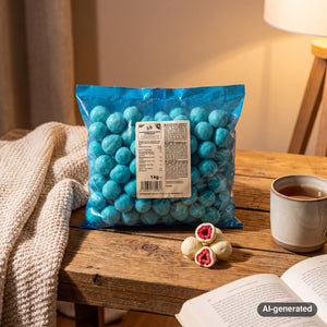 KoRo Freeze-Dried Raspberries in White Chocolate on a coffee table in the evening, with a knitted blanket, a cup of tea and a book, AI-generated image