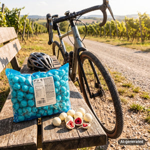 KoRo Freeze-Dried Raspberries in White Chocolate on a bench by a gravel road through vineyards, with a bike and a cycling helmet, AI-generated image