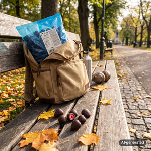 KoRo Freeze-Dried Strawberries in Dark Chocolate sticking out of a backpack on a park bench in autumn, with a water bottle and headphones, AI-generated image