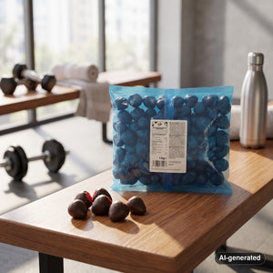 KoRo Freeze-Dried Strawberries in Dark Chocolate on a gym bench, with dumbbells, a towel and a water bottle in the background, AI-generated image