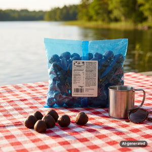 KoRo Freeze-Dried Strawberries in Dark Chocolate on a checked picnic blanket by a lake on a summer day, with a steel cup and sunglasses, AI-generated image