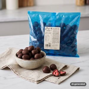 KoRo Freeze-Dried Strawberries in Dark Chocolate on a light marble kitchen counter with a small bowl of the fruit, AI-generated image