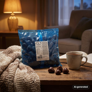 KoRo Freeze-Dried Strawberries in Dark Chocolate on a coffee table in the evening, with a knitted blanket, a cup of tea and a book, AI-generated image