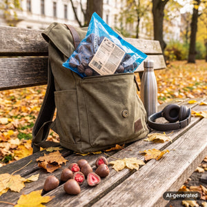KoRo Freeze-Dried Strawberries in Milk Chocolate sticking out of a backpack on a park bench in autumn, with a water bottle and headphones, AI-generated image