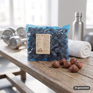 KoRo Freeze-Dried Strawberries in Milk Chocolate on a gym bench, with dumbbells, a towel and a water bottle in the background, AI-generated image