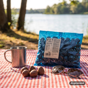 KoRo Freeze-Dried Strawberries in Milk Chocolate on a checked picnic blanket by a lake on a summer day, with a steel cup and sunglasses, AI-generated image