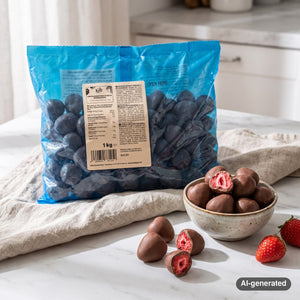 KoRo Freeze-Dried Strawberries in Milk Chocolate on a light marble kitchen counter with a small bowl of the fruit, AI-generated image