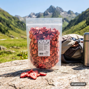 KoRo Freeze-Dried Strawberry Slices on a rock beside a mountain trail in the Alps, with a backpack and thermos, AI-generated image