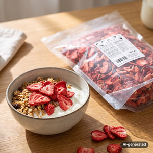 KoRo Freeze-Dried Strawberry Slices on a breakfast table next to a bowl of yogurt and granola, AI-generated image